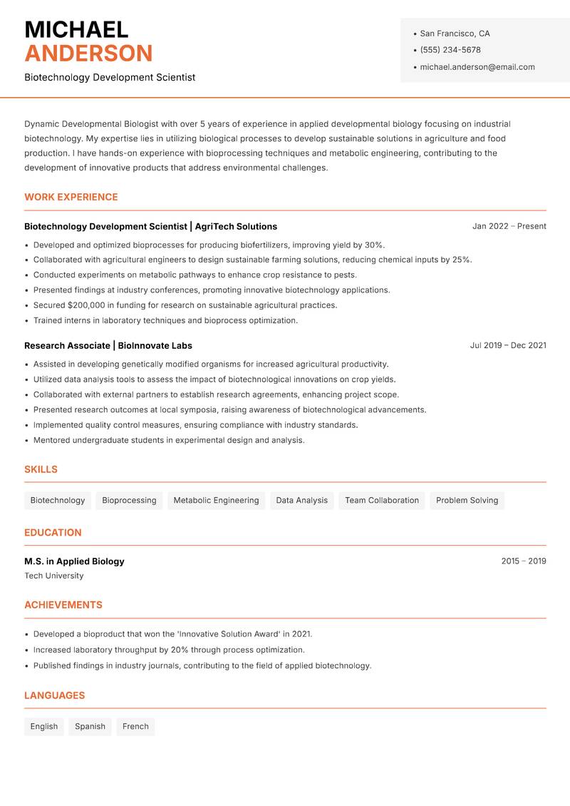 Developmental Biologist resume sample — Biotechnology Development Scientist focus