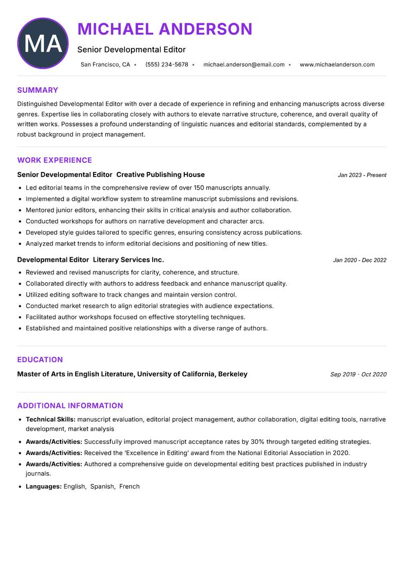 Developmental Editor resume example