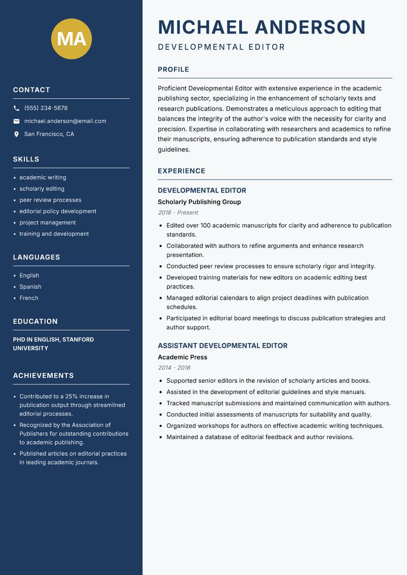 Developmental Editor resume sample — Developmental Editor focus