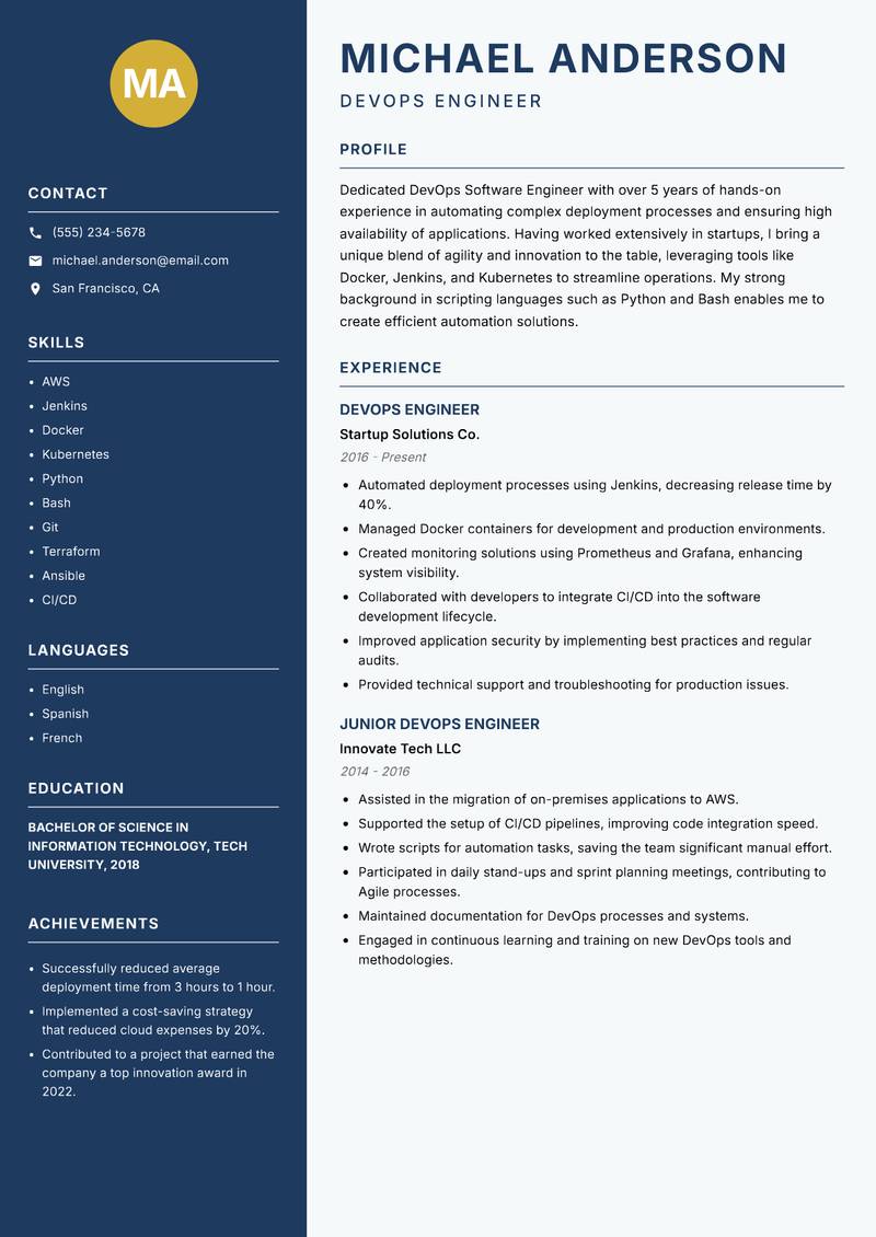 DevOps Software Engineer resume sample — DevOps Engineer focus