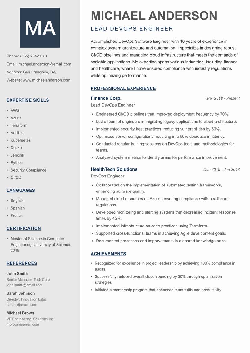 DevOps Software Engineer resume sample — Lead DevOps Engineer focus