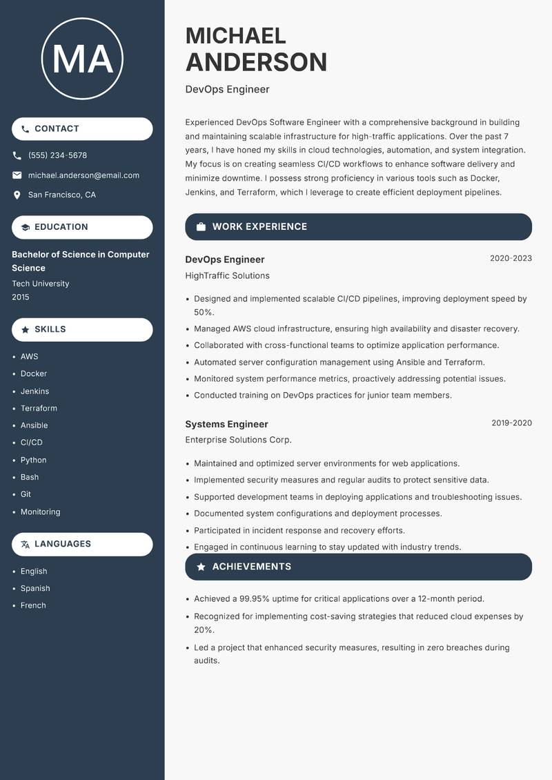 DevOps Software Engineer resume sample — DevOps Engineer focus