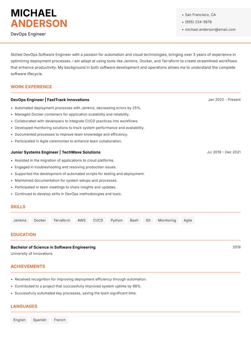 DevOps Software Engineer resume sample — DevOps Engineer focus