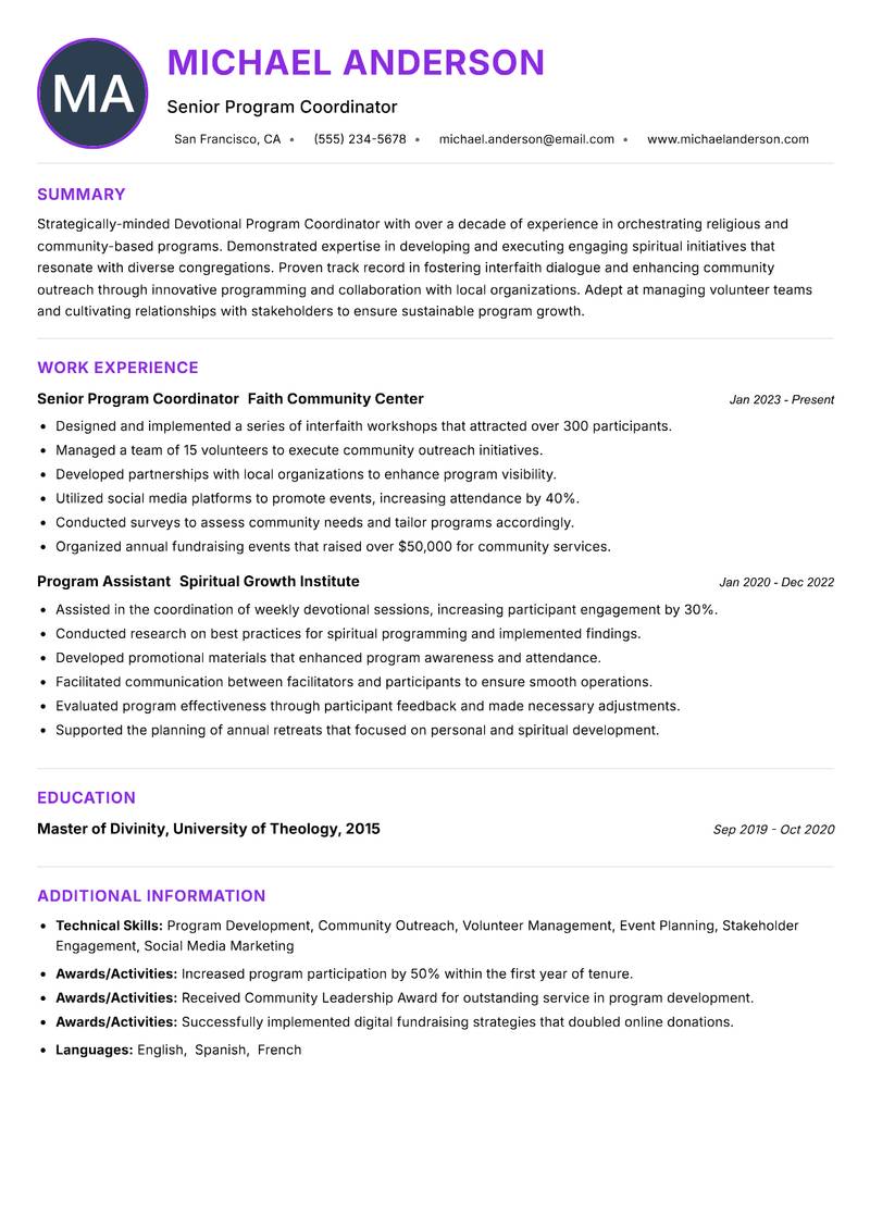 Devotional Program Coordinator resume example