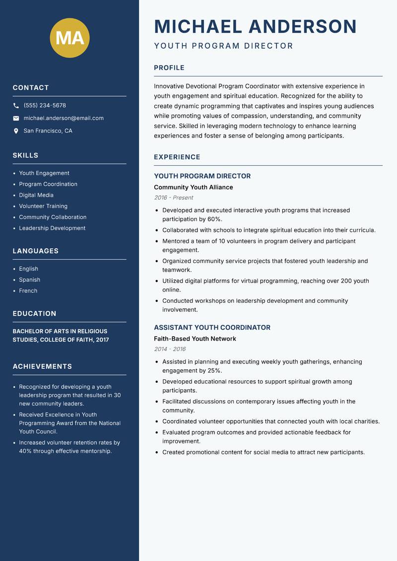 Devotional Program Coordinator resume sample — Youth Program Director focus