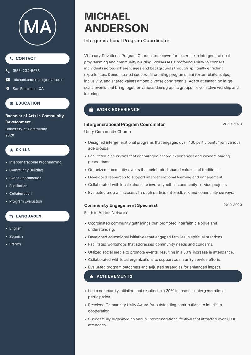 Devotional Program Coordinator resume sample — Intergenerational Program Coordinator focus