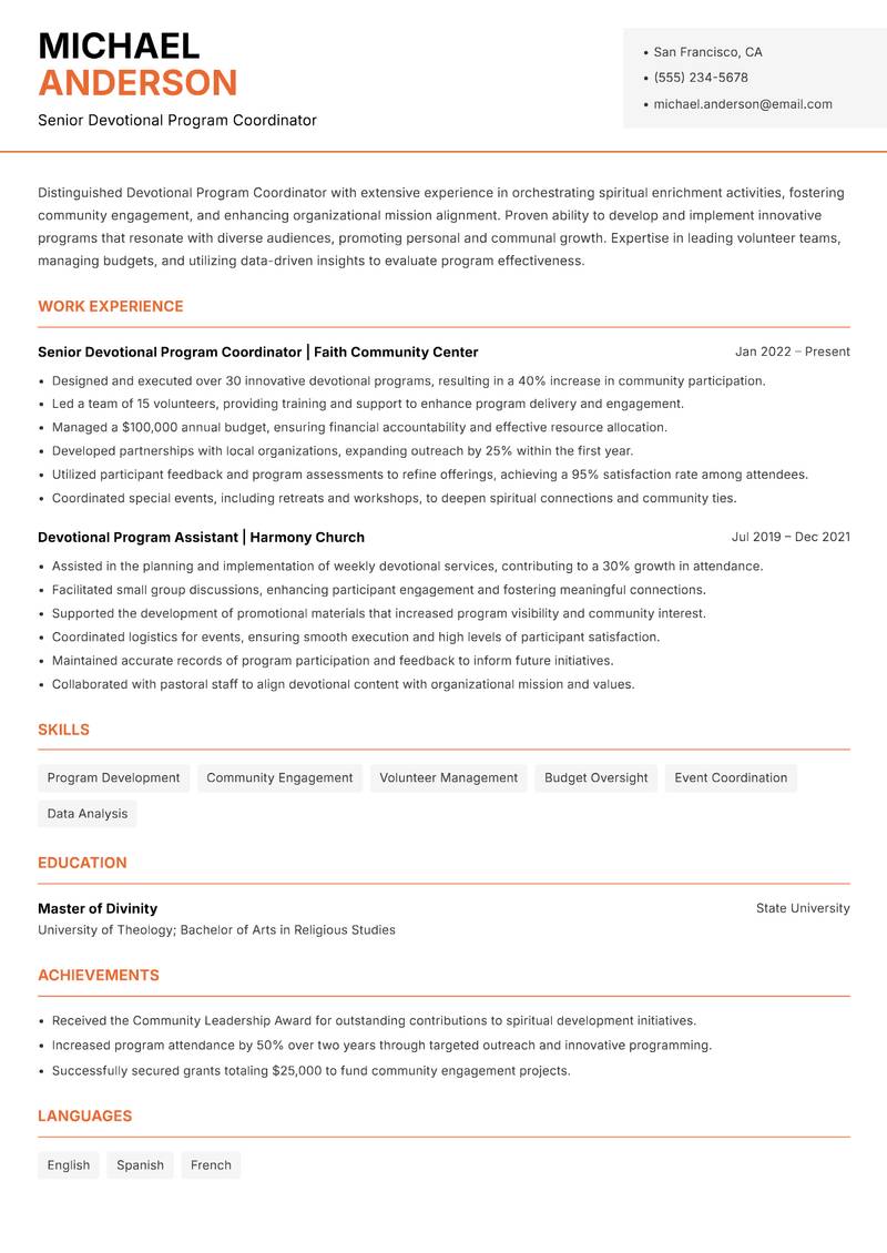 Devotional Program Coordinator resume sample — Senior Devotional Program Coordinator focus