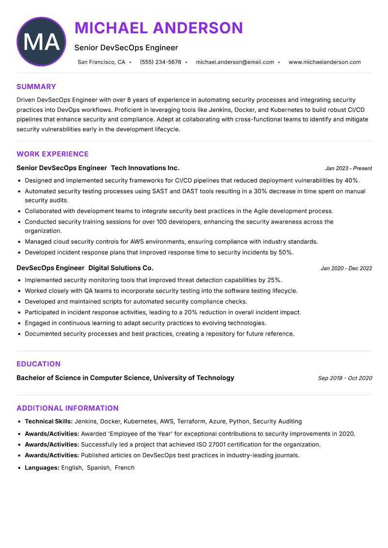 DevSecOps Engineer resume example