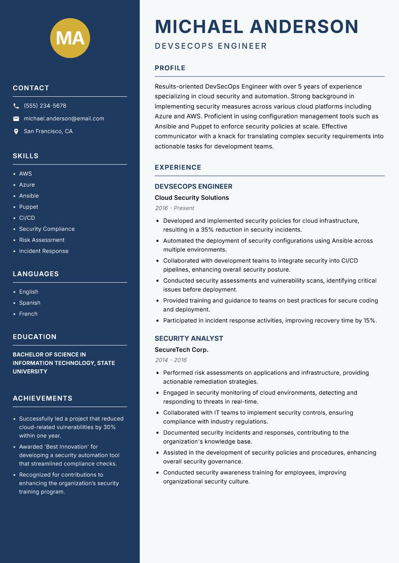 DevSecOps Engineer resume sample — DevSecOps Engineer focus