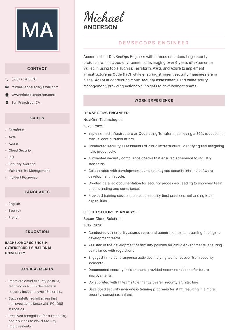 DevSecOps Engineer resume sample — DevSecOps Engineer focus