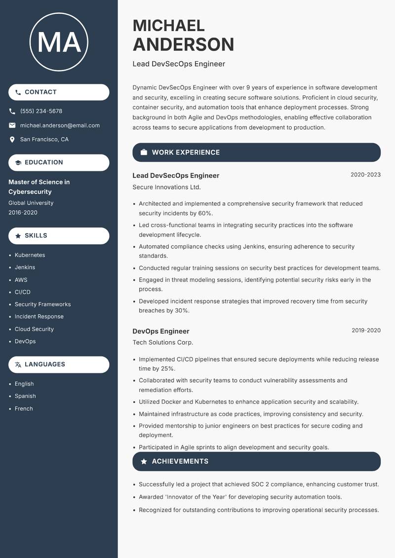 DevSecOps Engineer resume sample — Lead DevSecOps Engineer focus