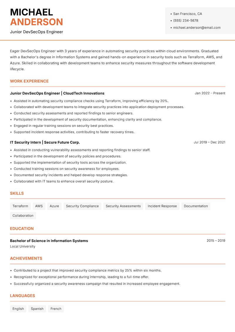 DevSecOps Engineer resume sample — Junior DevSecOps Engineer focus