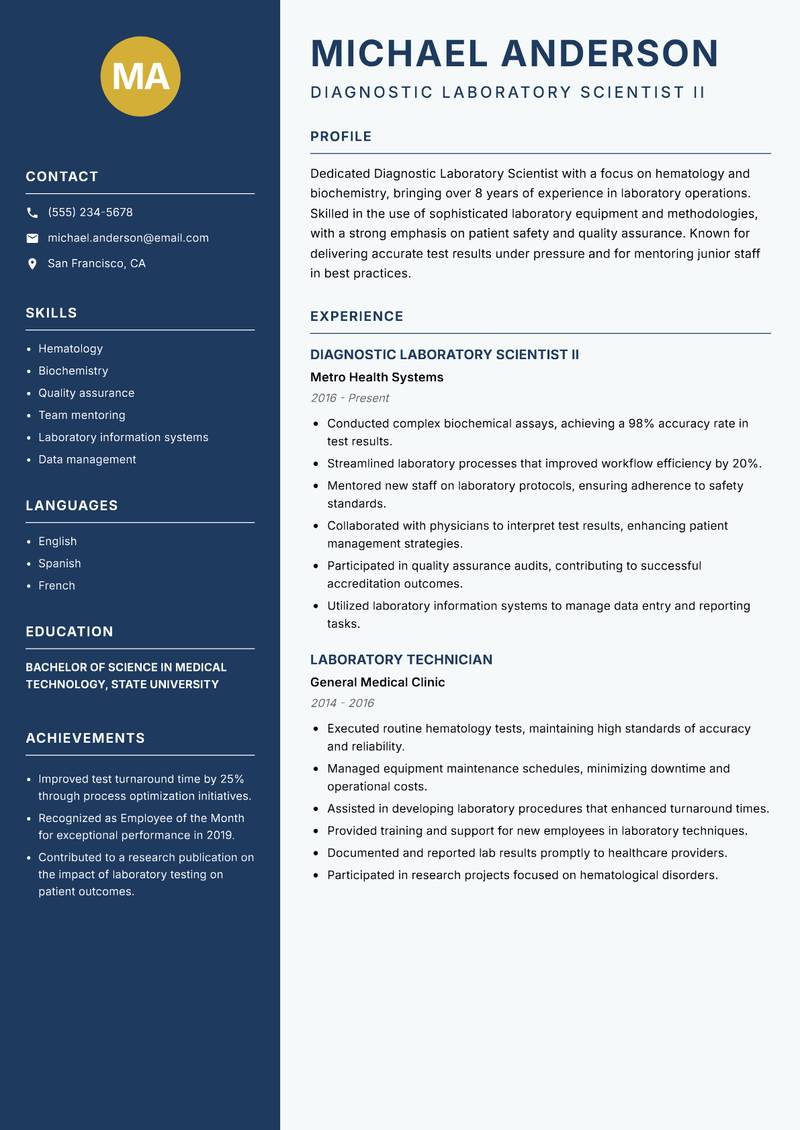Diagnostic Laboratory Scientist resume sample — Diagnostic Laboratory Scientist II focus