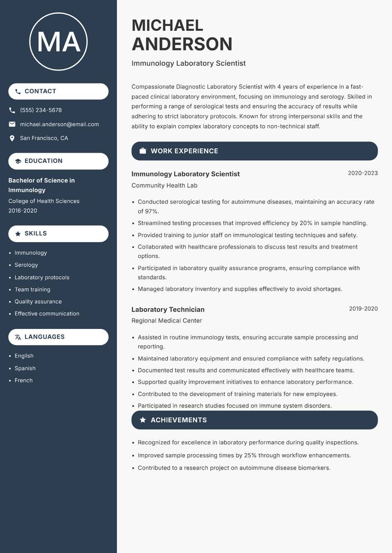 Diagnostic Laboratory Scientist resume sample — Immunology Laboratory Scientist focus