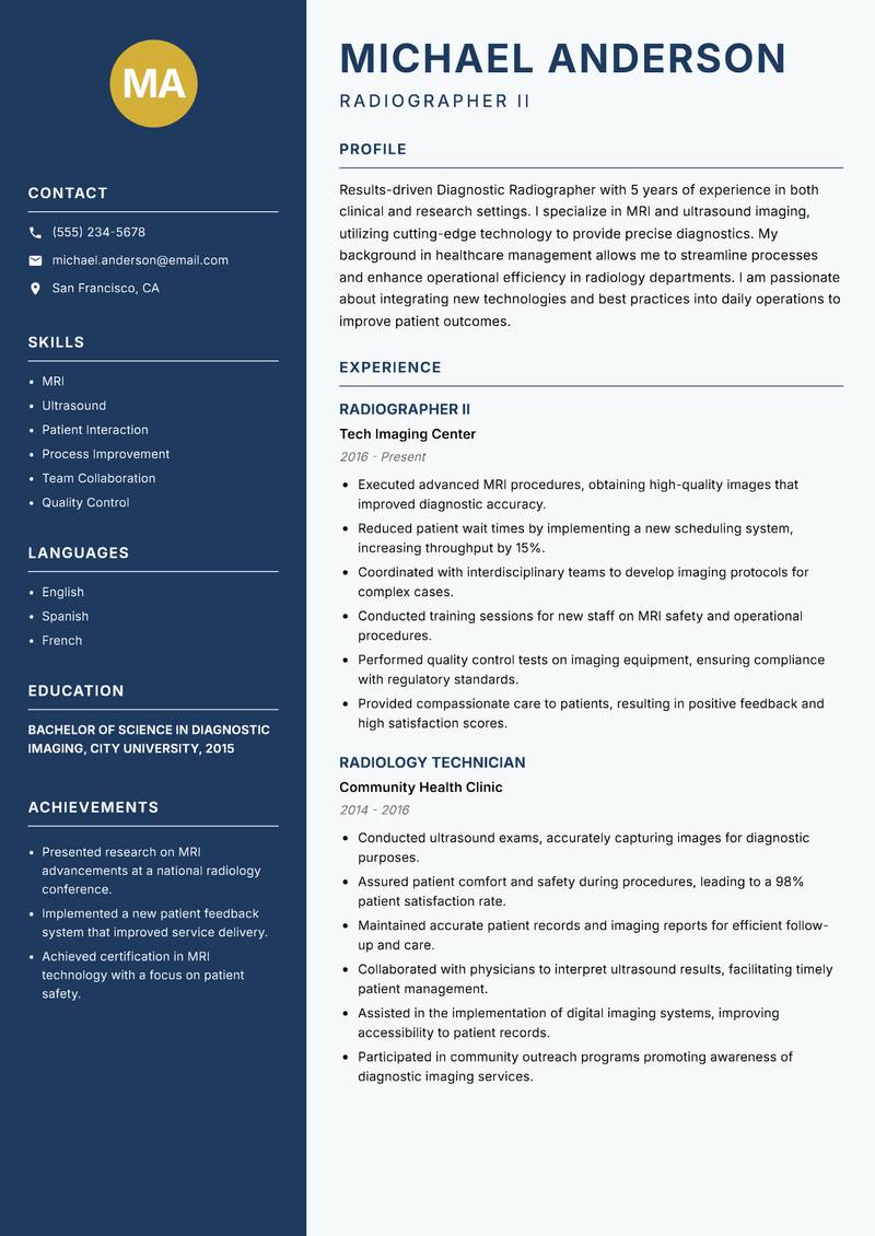 Diagnostic Radiographer resume sample — Radiographer II focus
