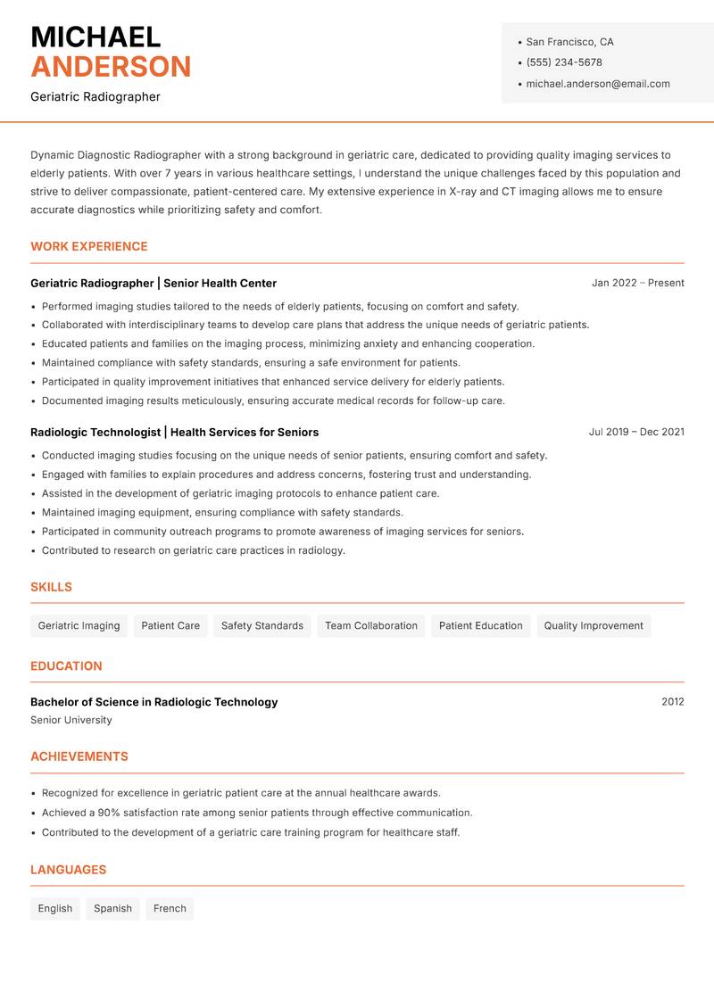 Diagnostic Radiographer resume sample — Geriatric Radiographer focus