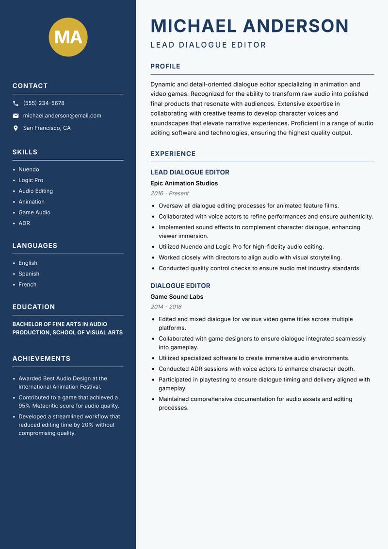 Dialogue Editor resume sample — Lead Dialogue Editor focus