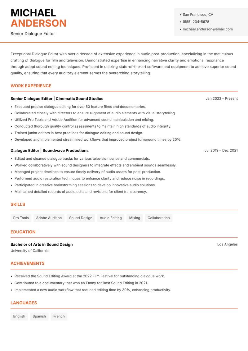 Dialogue Editor resume sample — Senior Dialogue Editor focus