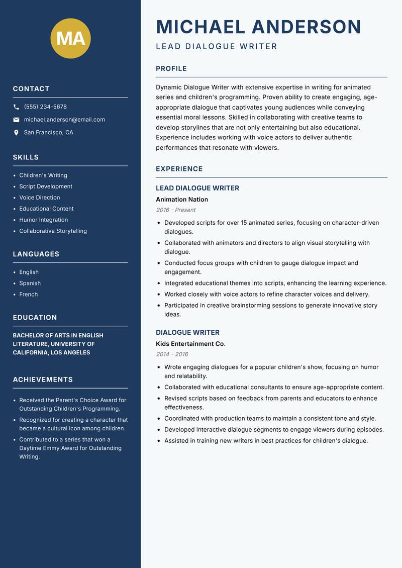 Dialogue Writer resume sample — Lead Dialogue Writer focus
