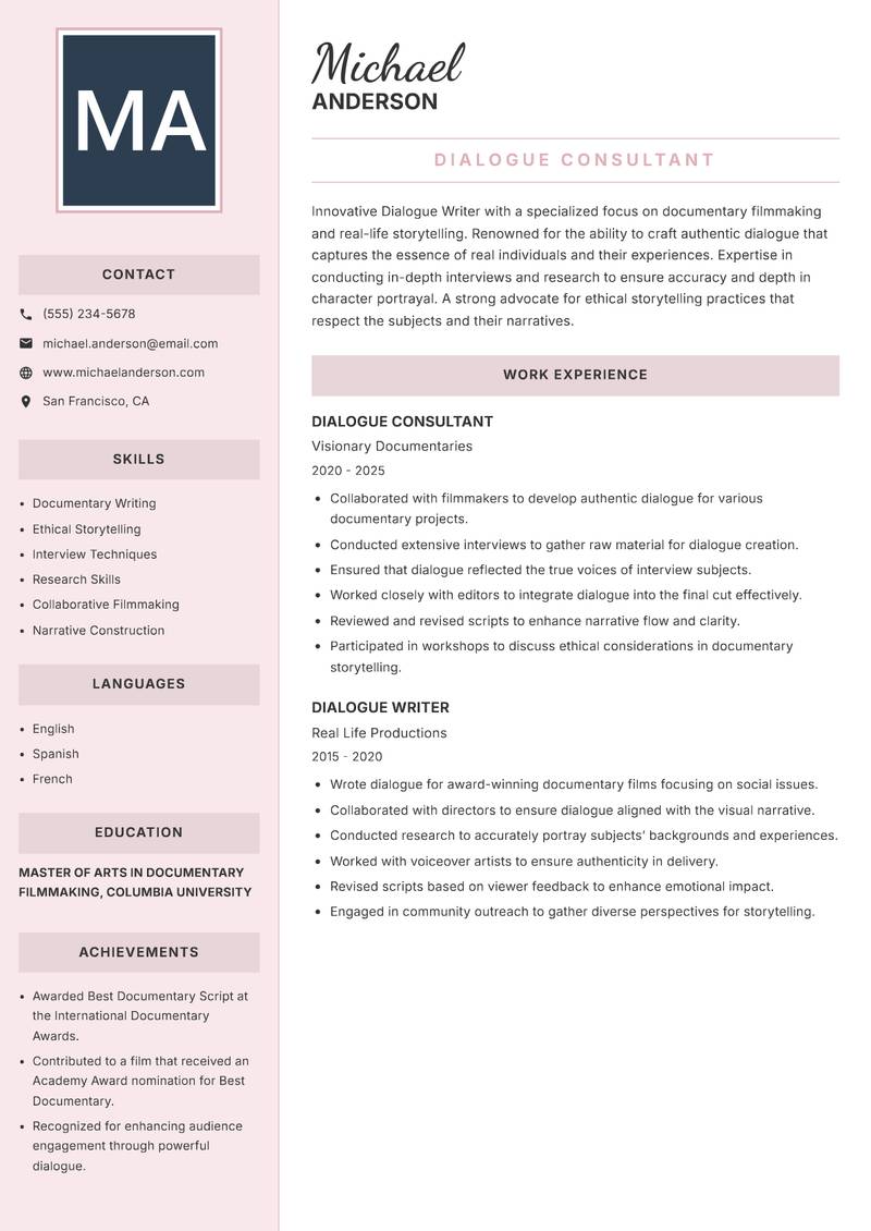 Dialogue Writer resume sample — Dialogue Consultant focus