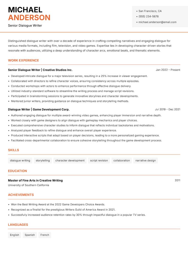 Dialogue Writer resume sample — Senior Dialogue Writer focus