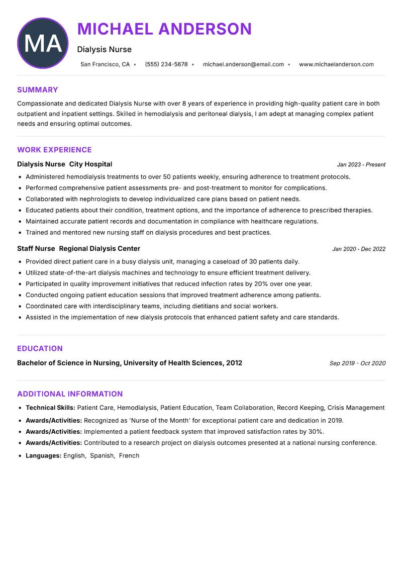 Dialysis Nurse resume example