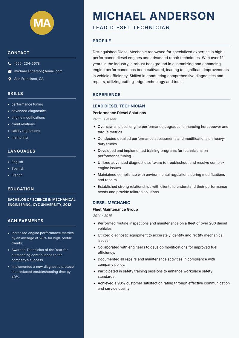 Diesel Mechanic resume sample — Lead Diesel Technician focus