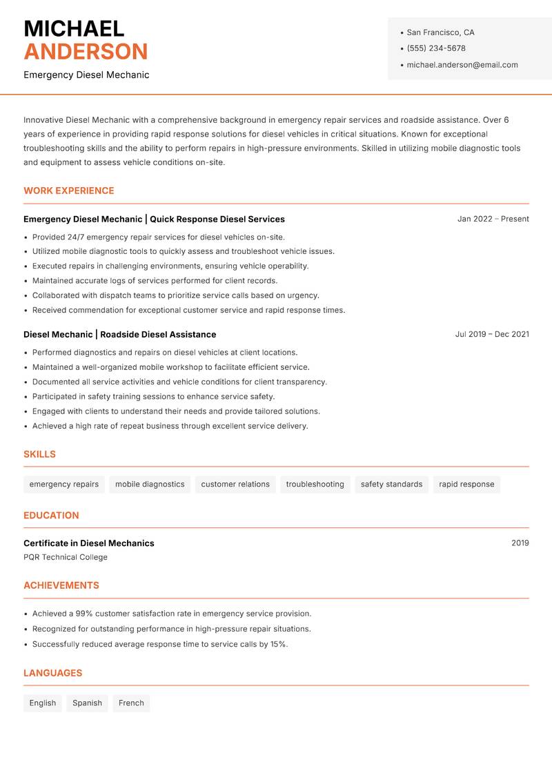 Diesel Mechanic resume sample — Emergency Diesel Mechanic focus