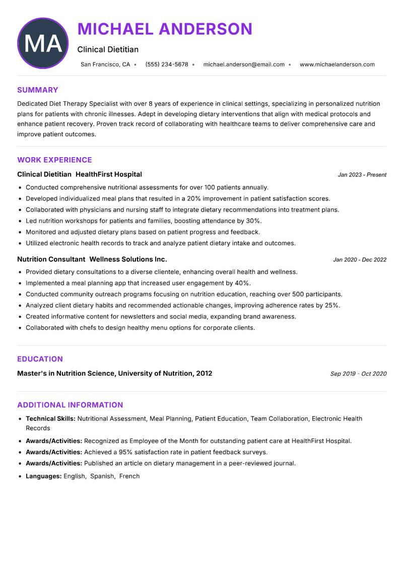 Diet Therapy Specialist resume example