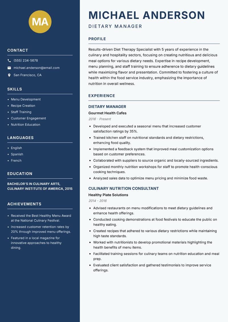 Diet Therapy Specialist resume sample — Dietary Manager focus