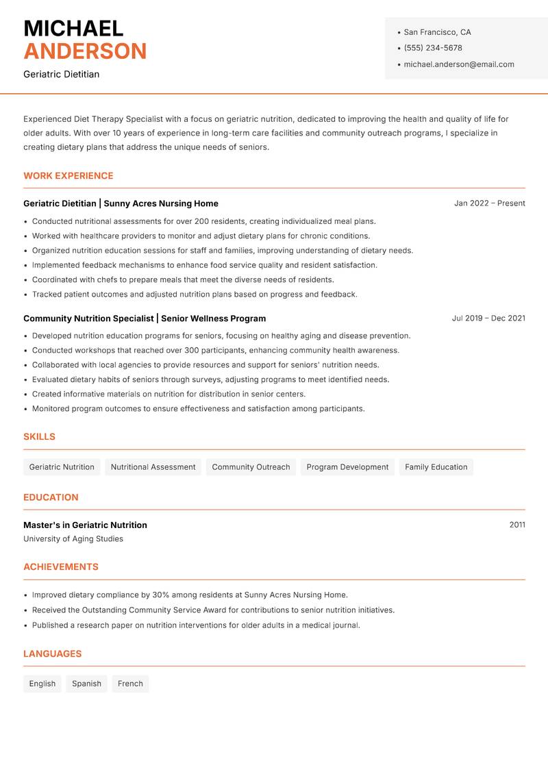 Diet Therapy Specialist resume sample — Geriatric Dietitian focus