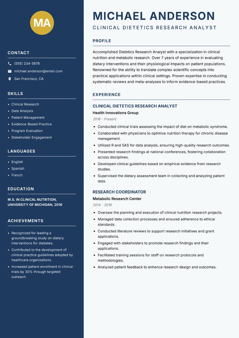 Dietetics Research Analyst resume sample — Clinical Dietetics Research Analyst focus