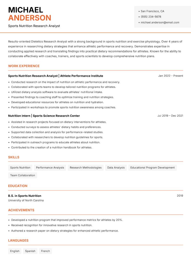 Dietetics Research Analyst resume sample — Sports Nutrition Research Analyst focus