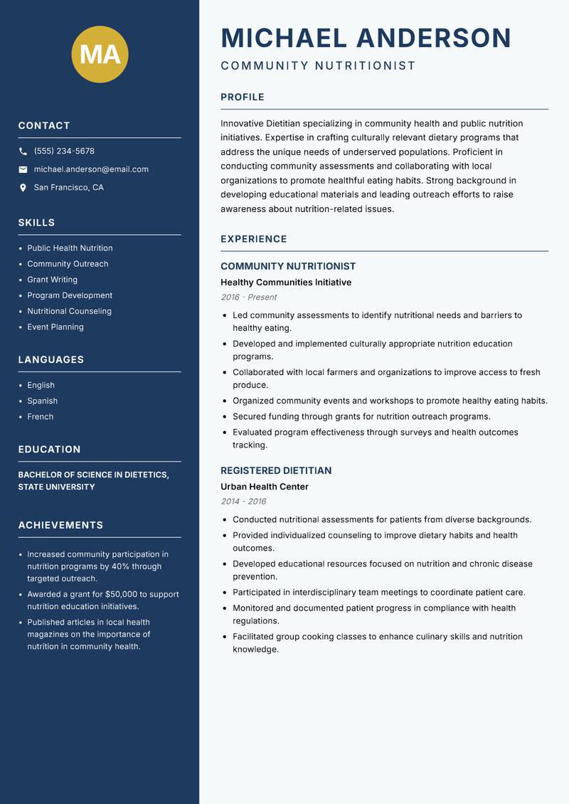 Dietitian resume sample — Community Nutritionist focus
