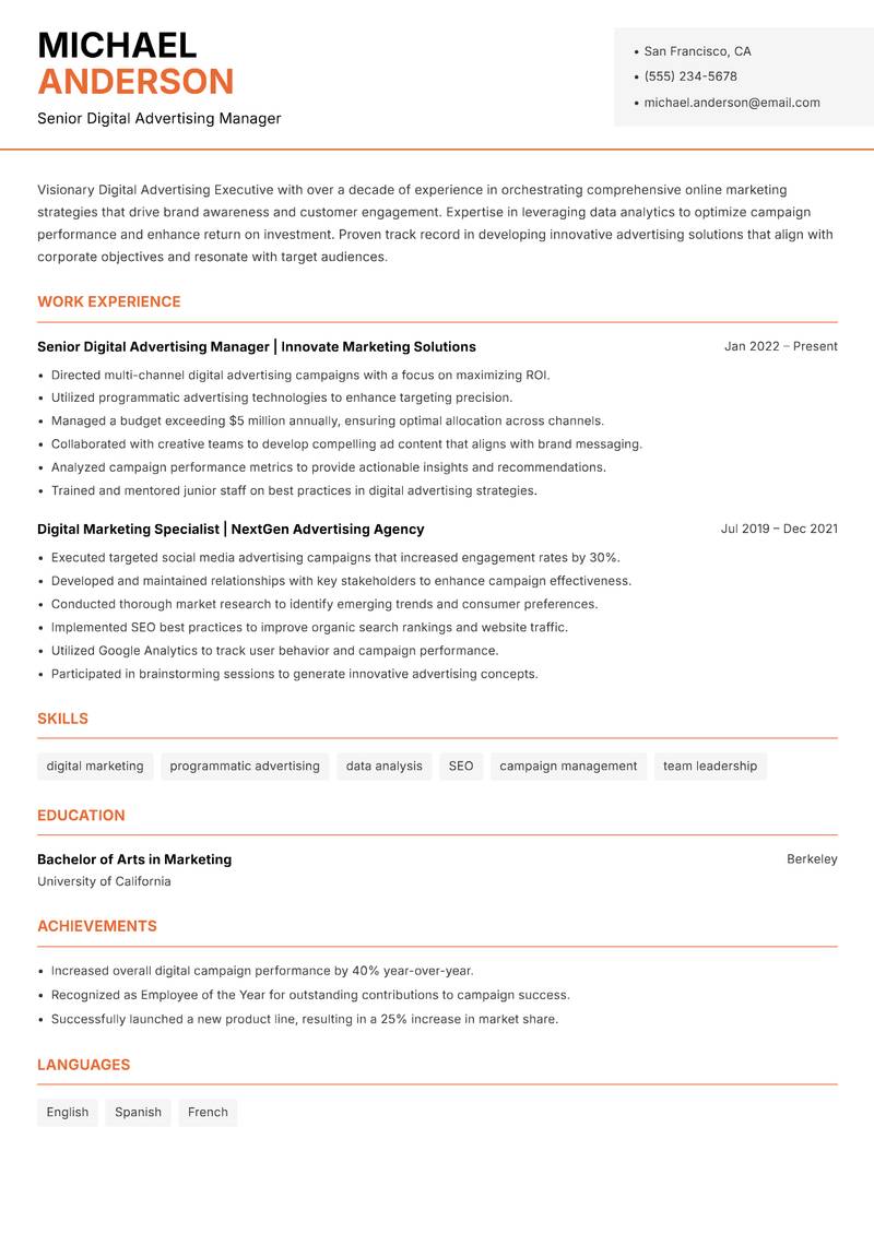 Digital Advertising Executive resume sample — Senior Digital Advertising Manager focus