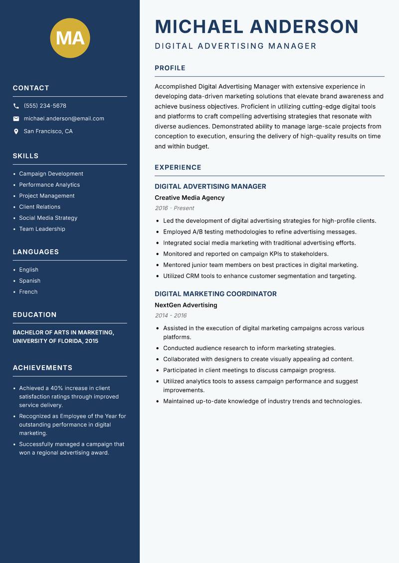 Digital Advertising Manager resume sample — Digital Advertising Manager focus