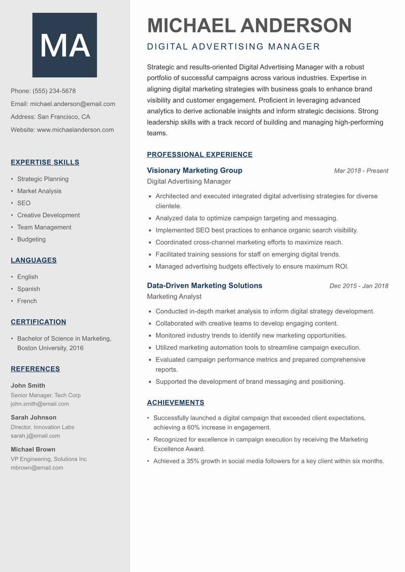 Digital Advertising Manager resume sample — Digital Advertising Manager focus