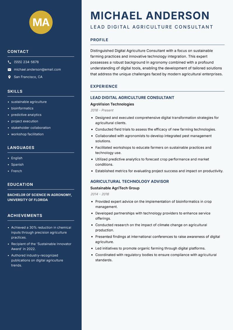 Digital Agriculture Consultant resume sample — Lead Digital Agriculture Consultant focus