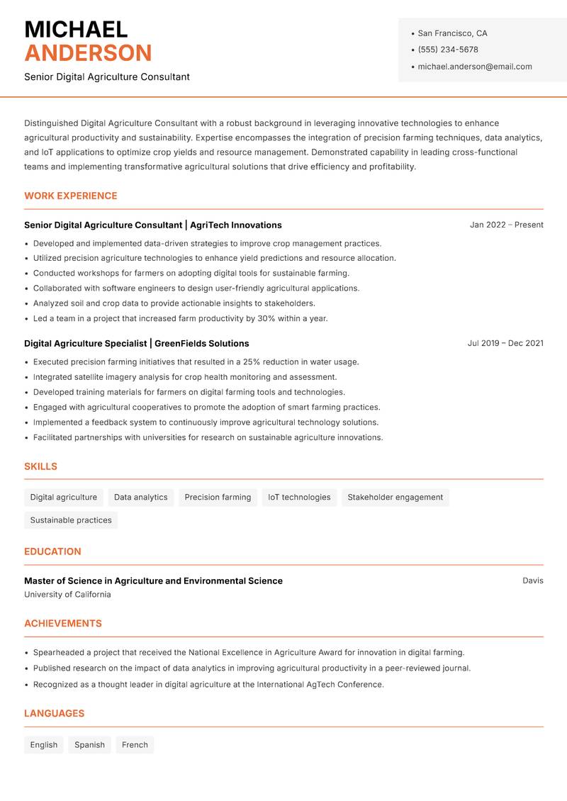 Digital Agriculture Consultant resume sample — Senior Digital Agriculture Consultant focus