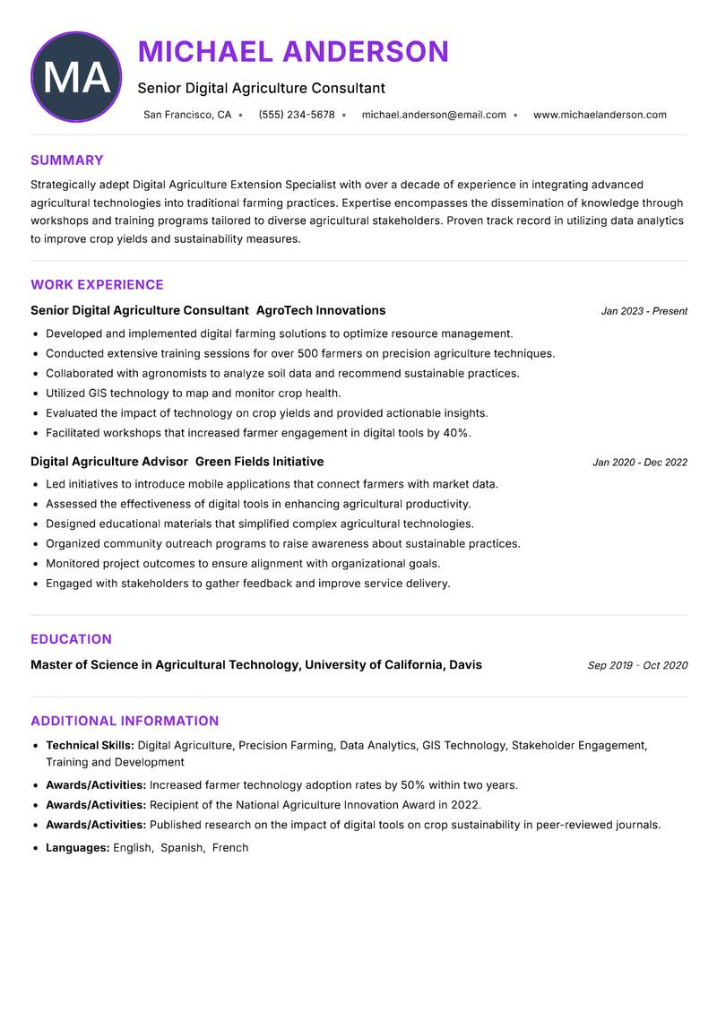 Digital Agriculture Extension Specialist resume example