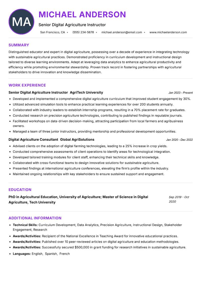 Digital Agriculture Instructor resume example