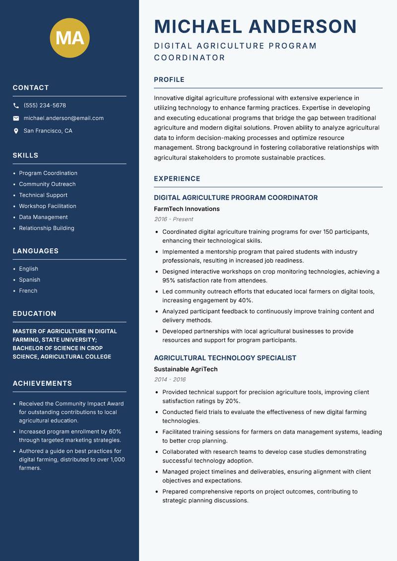 Digital Agriculture Instructor resume sample — Digital Agriculture Program Coordinator focus