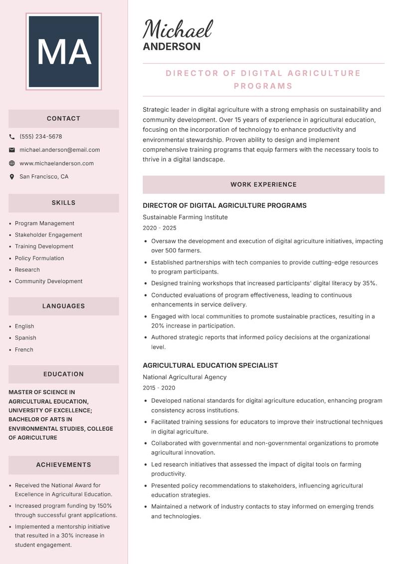 Digital Agriculture Instructor resume sample — Director of Digital Agriculture Programs focus