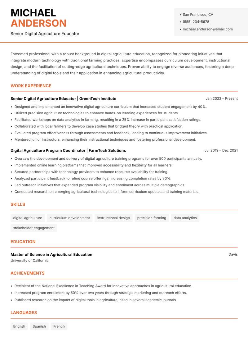 Digital Agriculture Instructor resume sample — Senior Digital Agriculture Educator focus