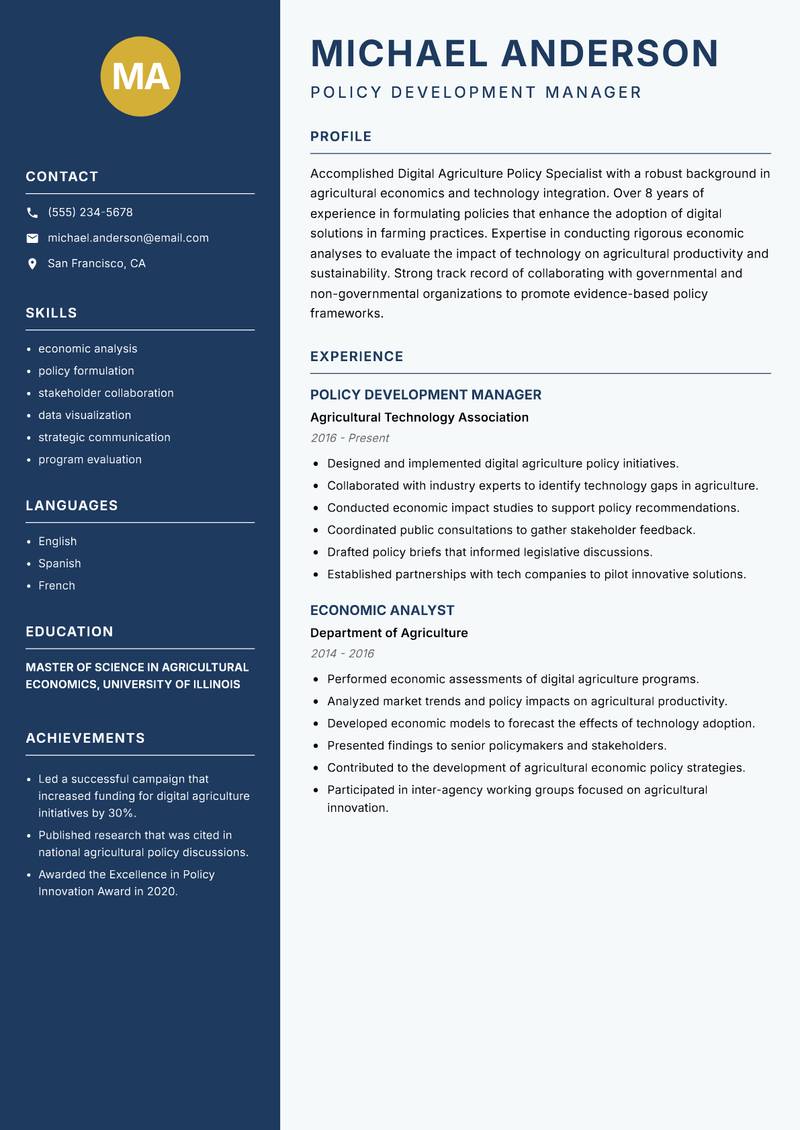 Digital Agriculture Policy Specialist resume sample — Policy Development Manager focus