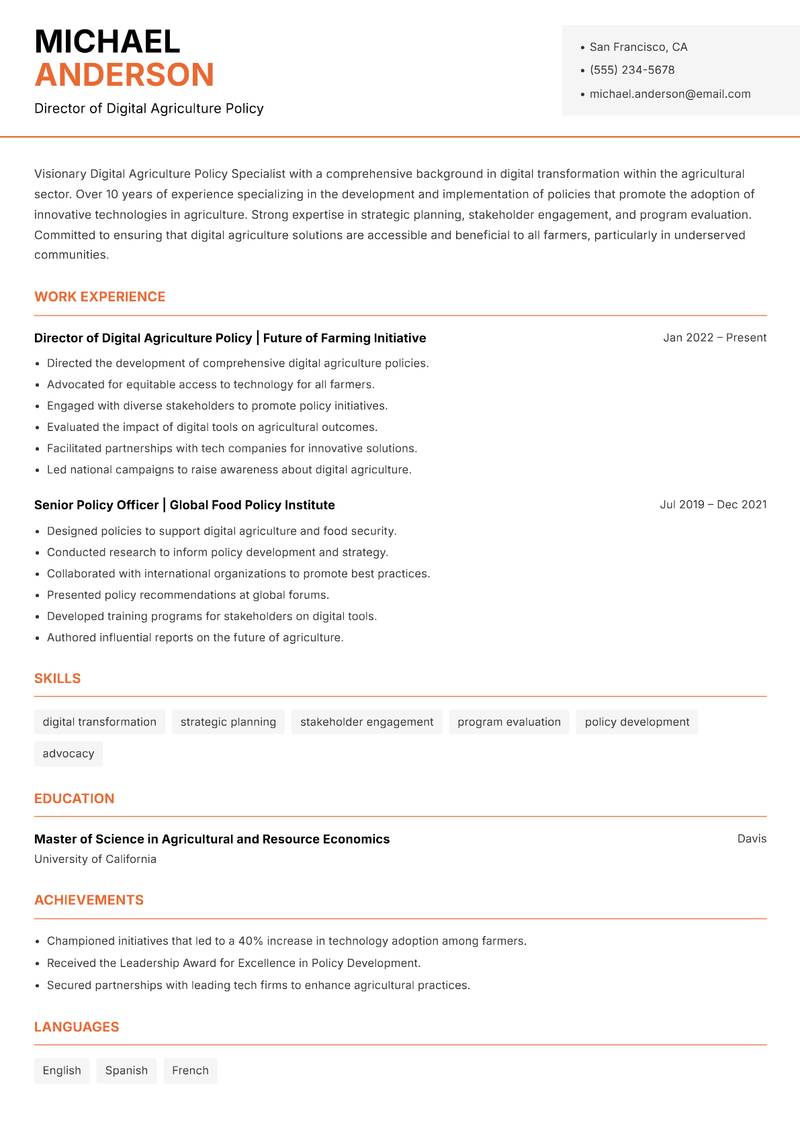 Digital Agriculture Policy Specialist resume sample — Director of Digital Agriculture Policy focus