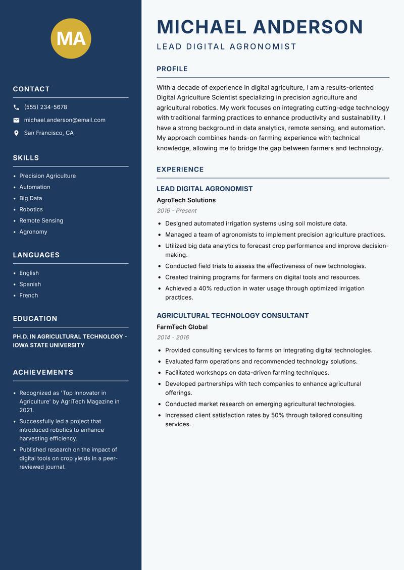 Digital Agriculture Scientist resume sample — Lead Digital Agronomist focus
