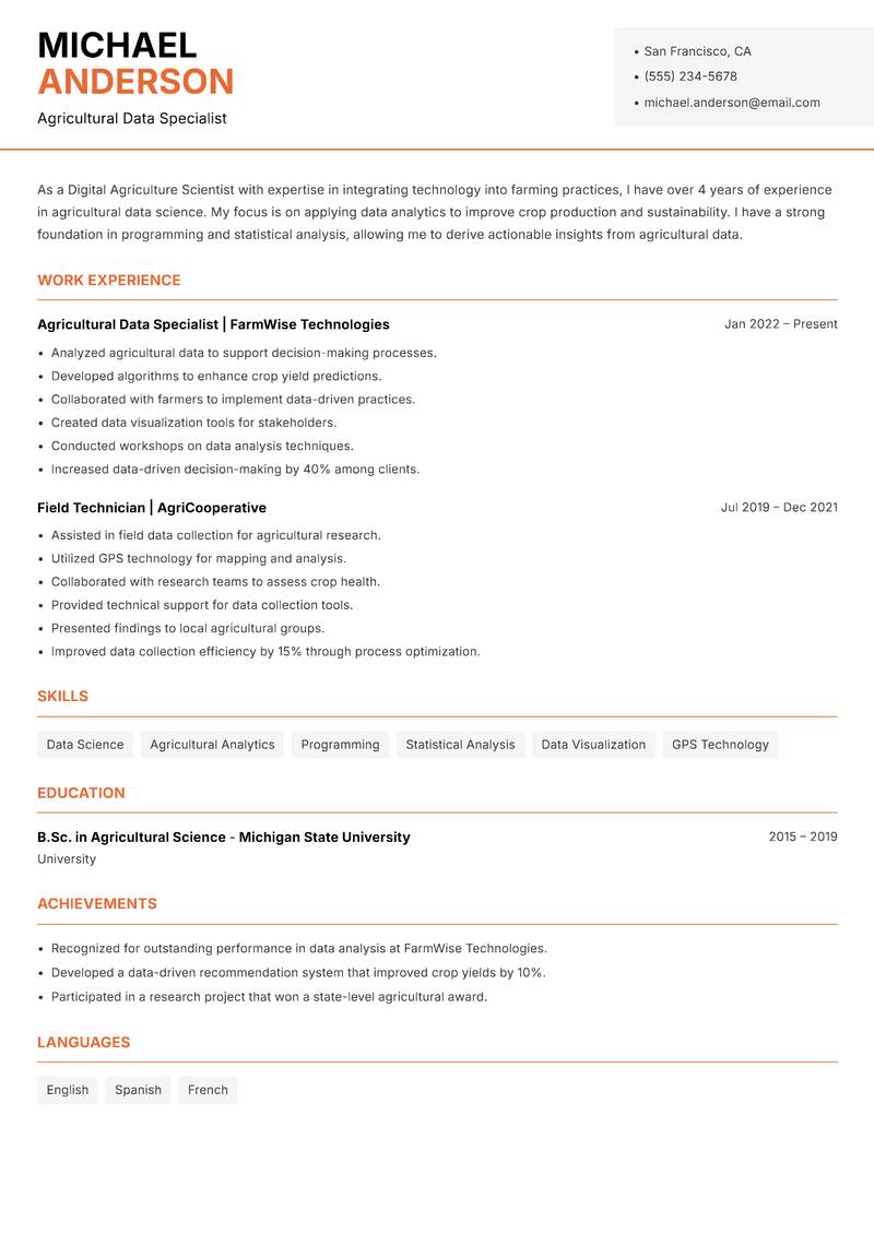 Digital Agriculture Scientist resume sample — Agricultural Data Specialist focus
