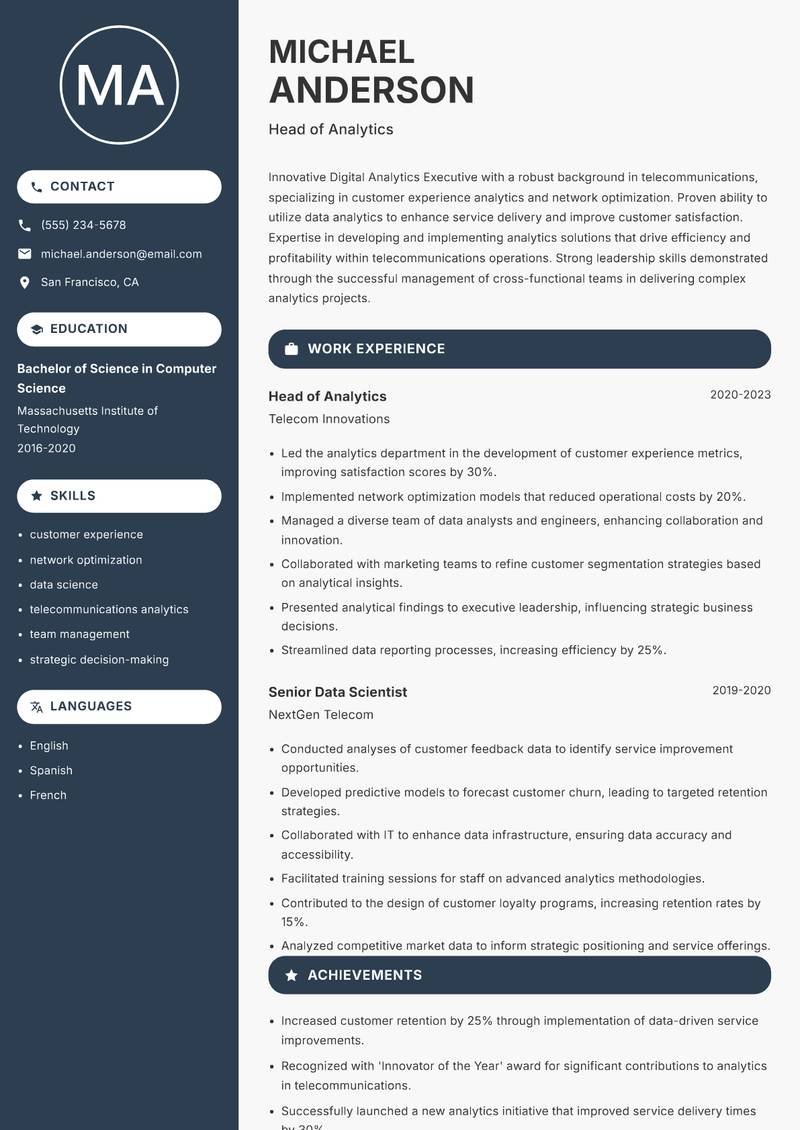 Digital Analytics Executive resume sample — Head of Analytics focus