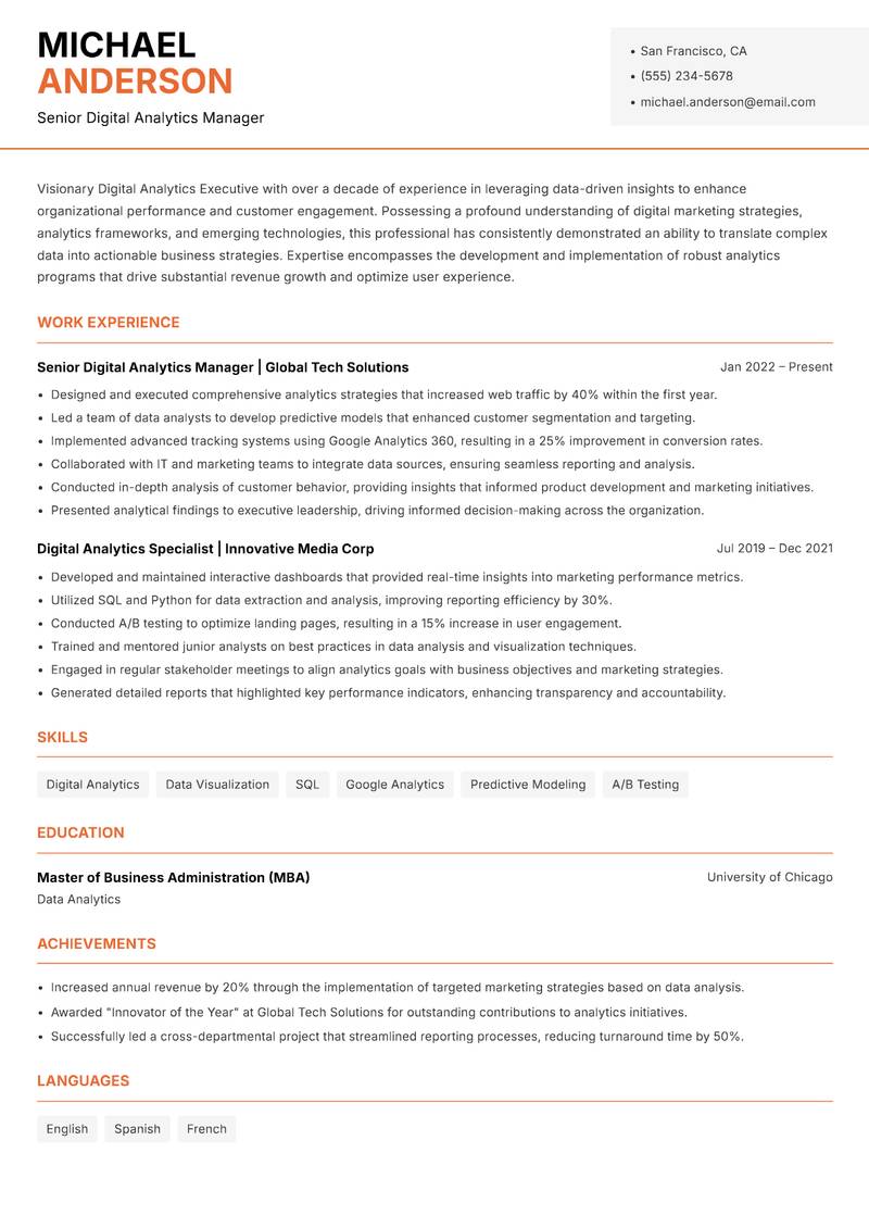 Digital Analytics Executive resume sample — Senior Digital Analytics Manager focus